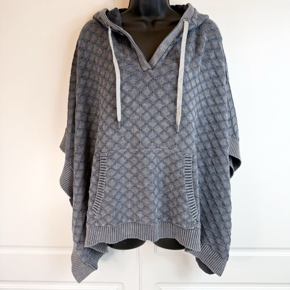 Carbon 2 Cobalt Long Sleeve Portico Poncho Sweater Hood Gray Blue Knit S/M